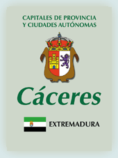 Imagen con la bandera la comunidad autnoma, y con el escudo la ciudad de Cceres